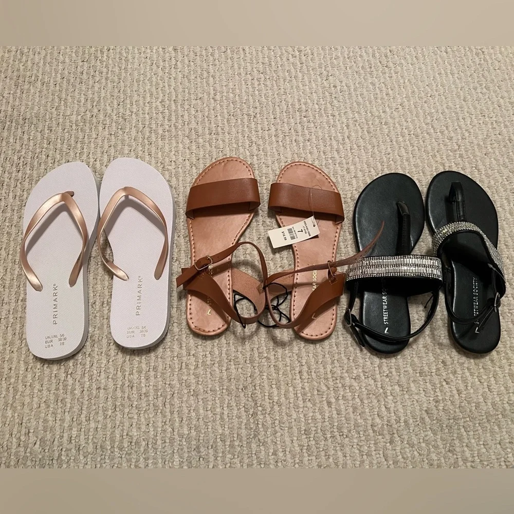 Women's Sandals Collection- Black, Brown, White Sizes 7-7.5 - Picture 1 of 8
